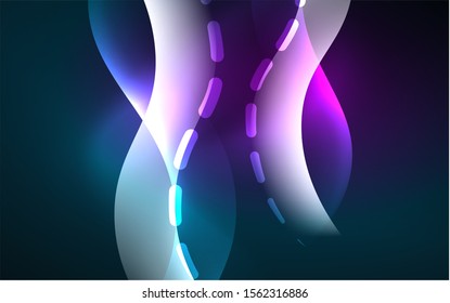 Neon light glowing effect. Modern blue shiny neon wave line. Banner, poster template. Glow swirl light effect. Blue abstract background. Abstract technology background.