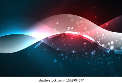 Neon light glowing effect. Modern blue shiny neon wave line. Banner, poster template. Glow swirl light effect. Blue abstract background. Abstract technology background.