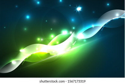 Neon light glowing effect. Modern blue shiny neon wave line. Banner, poster template. Glow swirl light effect. Blue abstract background. Abstract technology background.