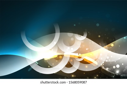 Neon light glowing effect. Modern blue shiny neon wave line. Banner, poster template. Glow swirl light effect. Blue abstract background. Abstract technology background.