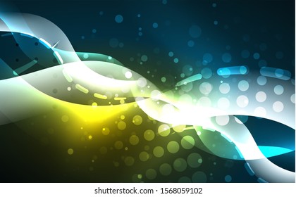 Neon light glowing effect. Modern blue shiny neon wave line. Banner, poster template. Glow swirl light effect. Blue abstract background. Abstract technology background.