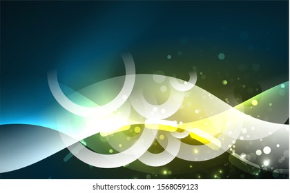 Neon light glowing effect. Modern blue shiny neon wave line. Banner, poster template. Glow swirl light effect. Blue abstract background. Abstract technology background.