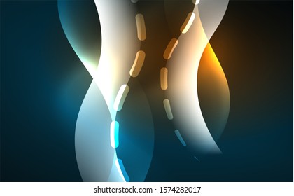 Neon light glowing effect. Modern blue shiny neon wave line. Banner, poster template. Glow swirl light effect. Blue abstract background. Abstract technology background.