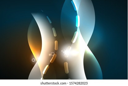 Efecto luminoso neón. Línea moderna de onimato brillante azul. Cartel, plantilla de afiches. Efecto de la luz de giro brillante. Fondo abstracto azul. Resumen de los antecedentes tecnológicos.