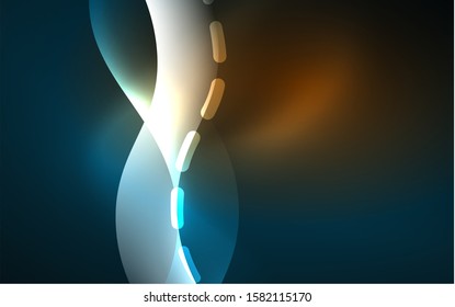 Neon light glowing effect. Modern blue shiny neon wave line. Banner, poster template. Glow swirl light effect. Blue abstract background. Abstract technology background.