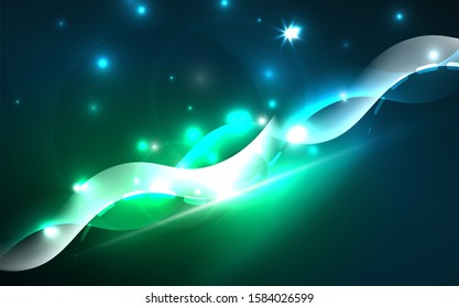 Neon light glowing effect. Modern blue shiny neon wave line. Banner, poster template. Glow swirl light effect. Blue abstract background. Abstract technology background.