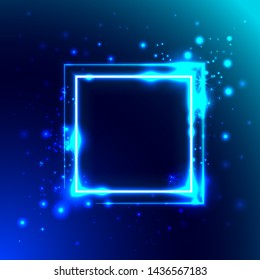 Neon light. Glowing geometric design element. Square frame with light effects.