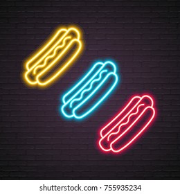 Neon Light Glowing Hot Dog with Symbol Illustration Vector Design