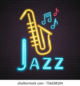 Neon Light Glowing Jazz Music with Saxophone Symbol Music Note Icon Graphic Vector Illustration 