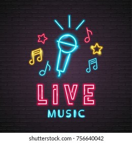 Neon Light Glowing Live Music with Microphone Symbol Music Note Icon Graphic Vector Illustration Silhouette Design