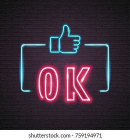Neon Light Glowing OK Like Button Vector Graphic Illustration
