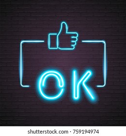 Neon Light Glowing OK Like Button Vector Graphic