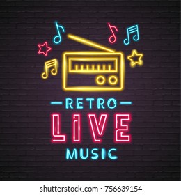 Neon Light Glowing Retro Live Music with Radio Symbol Music Note Icon Graphic Vector Illustration 