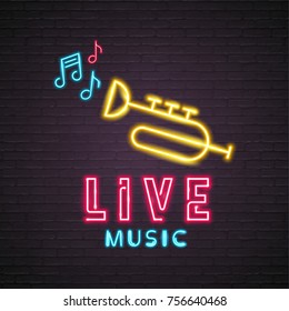 Neon Light Glowing Retro Live Music with Radio Symbol Music Note Icon Graphic Vector Illustration 