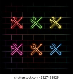 Neonlicht leuchtend mit Einstellsymbol. Helle Animation von Tools Symbol. helles Zeichen. viele Farben.