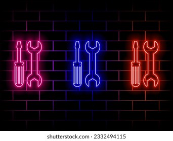 Luz de neón brillando con el icono de ajuste. Animación brillante del símbolo de herramientas. signo claro.
