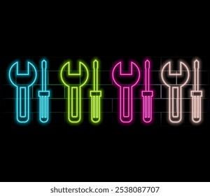 Luz de neón brillante con el icono de ajuste. Animación brillante del símbolo de las herramientas..