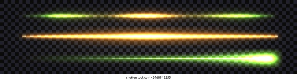 Neon light glowing streaks, laser beams with thunder bolt. Yellow and green color lines, dynamic flash light. Straid borders or dividers. Vector isolated transparent