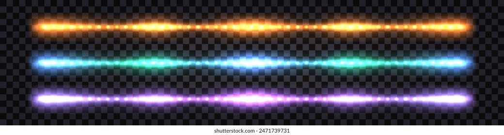 Neon light glowing streaks, laser beams. Yellow, purple, blue colorful luminous lines with flash light, futuristic hi tech borders or dividers. Isolated transparent vector illustration