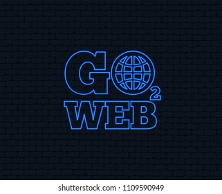 Neon light. Go to Web icon. Globe sign. Internet access symbol. Glowing graphic design. Brick wall. Vector