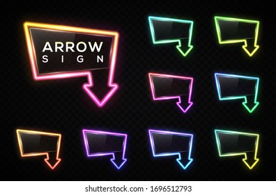 Neon light gradient arrow set on transparent background. Glowing color tube led lamp sign with glass texture plate. Arrow signboard for night club, casino, bar store design. Bright vector illustration