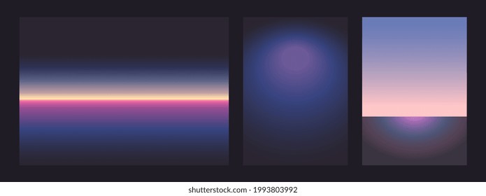 Neon light gradient. Futurism vector art set. Retrowave, synthwave, rave, vapor wave background. Retro, vintage 80s, 90s style. Black, purple, pink, blue, yellow colors. Print, wallpaper, web template