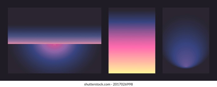 Neon light gradient. Futurism vector art set. Retrowave, synthwave, rave, vapor wave background. Retro, vintage 80s, 90s style. Black, purple, pink, blue, yellow colors. Print, wallpaper, web template