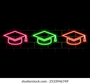 Luz de néon. Ícone de sinal de boné de graduação. Símbolo do ensino superior. Design gráfico brilhante. Parede de tijolos. Vetor.rosa.