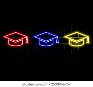 Neon light. Graduation cap sign icon. Higher education symbol. Glowing graphic design. Brick wall. Vector.