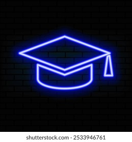Neon light. Graduation cap sign icon. Higher education symbol. Glowing graphic design. Brick wall. Vector.blue.