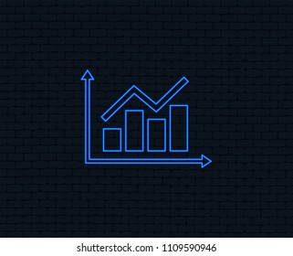 Neon light. Graph chart sign icon. Diagram symbol. Statistics. Glowing graphic design. Brick wall. Vector