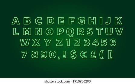 Neon Light Green Alphabet Set, Green Light Stroke,  Extra Glowing Nightlife Neon Font.