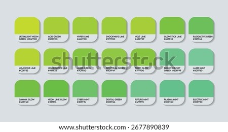 Neon Light Green Color Guide Palette with Color Names. Catalog Samples Neon Light Green with RGB HEX codes and Names. green Colors shades Vector, Light Green Color Palette, Fashion Trend  Color Tones