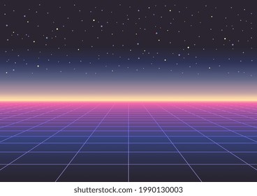 Neon light grid landscape. Futurism vector. Retrowave, synthwave, rave, vapor wave party background. Retro, vintage 80s, 90s style. Black, purple, pink, blue colors. Print, wallpaper, web template