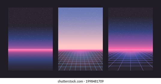 Neon light grid landscape. Futurism vector. Retrowave, synthwave, rave, vapor wave party background. Retro, vintage 80s, 90s style. Black, purple, pink, blue colors. Print, wallpaper, web template