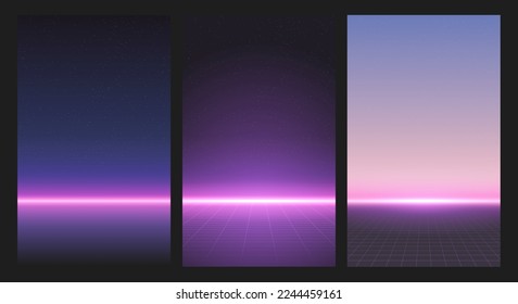 Neonlichtgitterlandschaft. Futurismus-Vektorgrafik. Retrowave, Synthwave, Rave, Dampfwelle Party Hintergrund. Retro, Vintage 80er, 90er Jahre Stil. Schwarze, violette, rosa, blaue Farben. Drucken, Tapete, Webvorlage 