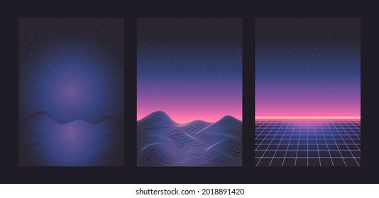 Neon light grid landscapes. Futurism vector. Retrowave, synthwave, rave, vapor wave party background. Retro, vintage 80s, 90s style. Black, purple, pink, blue colors. Print, wallpaper, web template