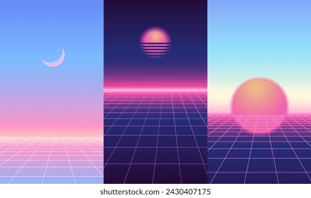 Neonlichtgitterlandschaften gesetzt. Futurismus vertikale Retrowave, Synthwave, Rave, Vapor Wave Party Hintergründe Sammlung. Retro, Vintage 80er, 90er Jahre Stil. Lila, rosa, blaue Farben. Vektorgrafik.