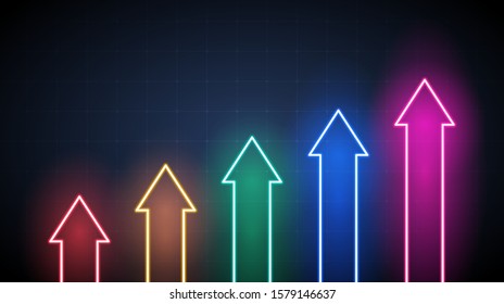 Neon light of growth financial chart with moving up arrow graph in stock market on blue color background