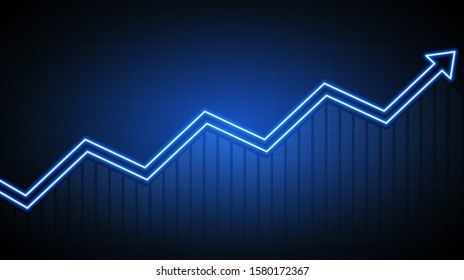 Neon light of growth financial chart with uptrend line arrow graph in stock market on blue color background