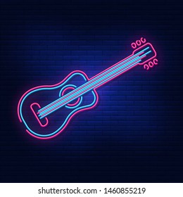 Neon light guitar. Bright advertising of a musical instrument. Modern vector logo, icon, banner, shield, screen, guitar image. Night advertising on the background of a brick wall.