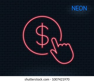 Neon light. Hand Click line icon. Currency exchange sign. Cursor pointer symbol. To pay or get money. Glowing graphic design. Brick wall. Vector