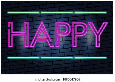 Neon light HAPPY  multicolored extra glowing font. 
Vector