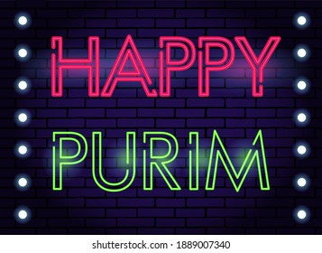 Neon Light HAPPY PURIM mehrfarbige extra leuchtende Schriftart. 
Vektorgrafik