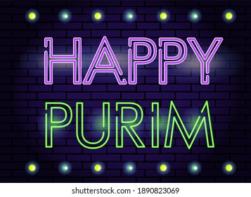 Neon light HAPPY PURIM multicolored extra glowing font. 
Vector
