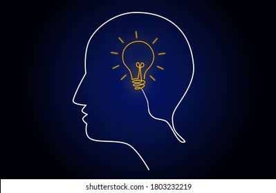 Neon light head idea with light bulb inside human head, creating new idea concept, vector illustration 