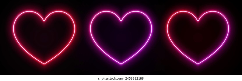 Neon light heart. Love sign with glow. Pink, red and purple leds. Laser frame for Valentine day. Electrical elements for design with text.