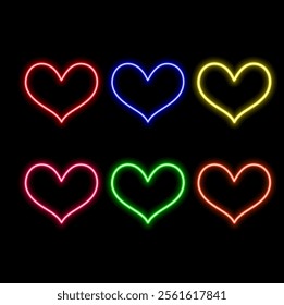 Neon light heart. Love sign with glow. Pink, red and purple leds. Laser frame for Valentine day. Electrical elements for design with text.