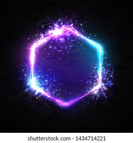 Neon light hexagon background on black brick texture wall. Abstract glowing festive electric frame. Celebrating color border with light flash explosive particles star. 3d 80s style vector illustration