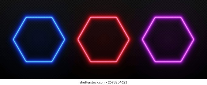 Neon light hexagon frame. Borders with led glow in blue, red and purple. Vector fluorescent empty template for design with space for text.